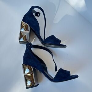 Hermes Navy Suede sandals with chrome block heel